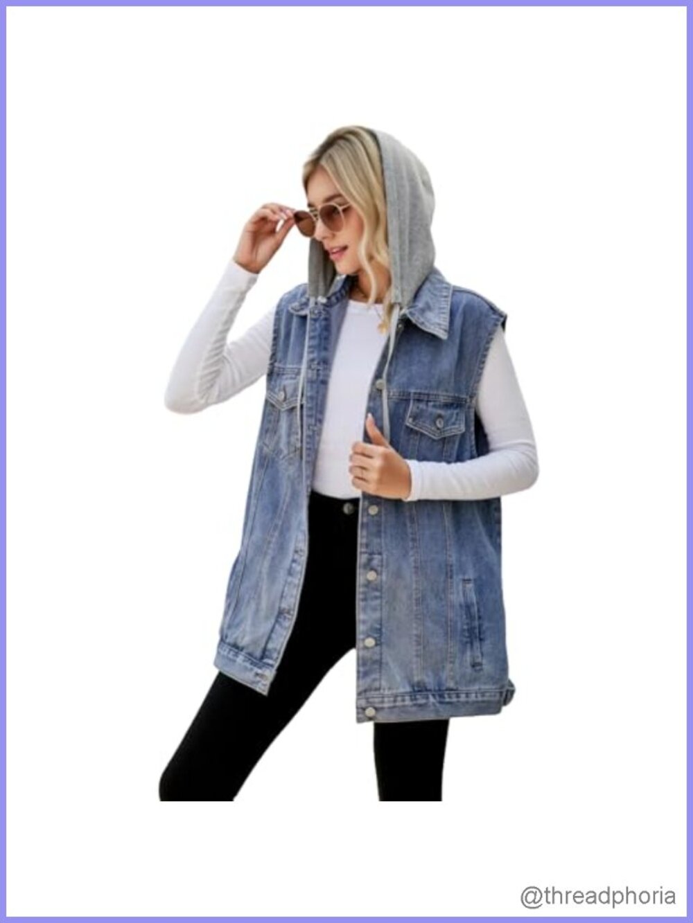 Oversized Denim Vest Detachable Hood Button Front Plus Size
